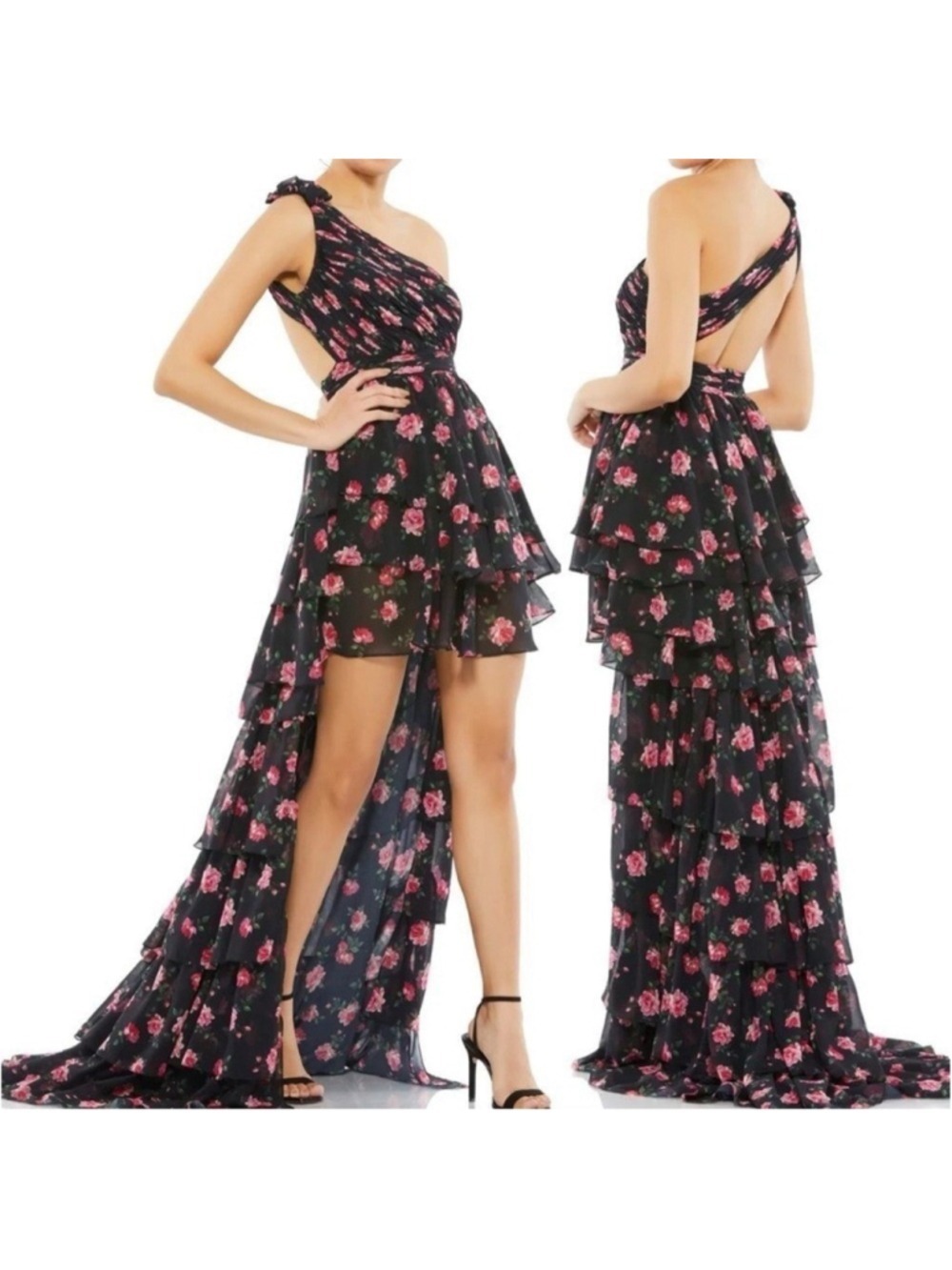 Women's Mac Duggal High Low Dress Size 2 Black Pink Floral One Shoulder